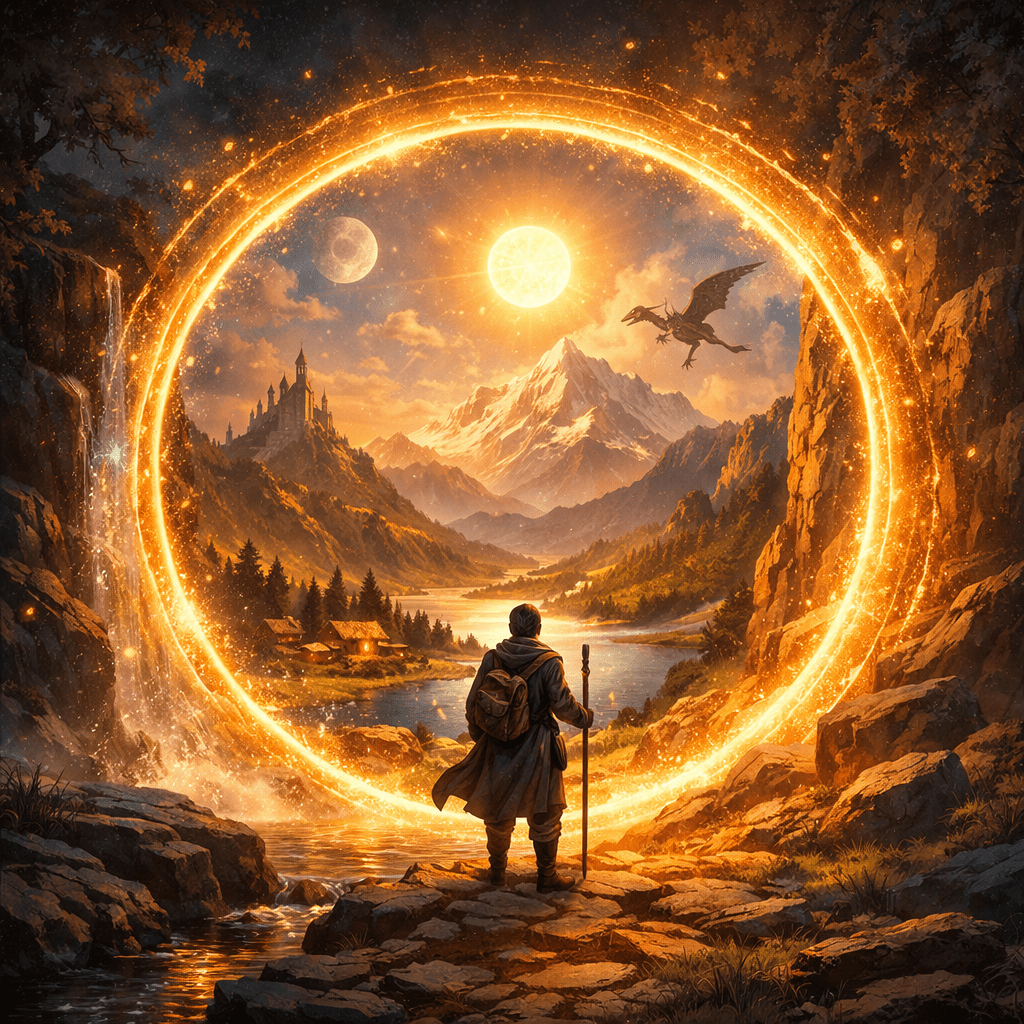 Traveler standing on glowing winding path in mountain valley with castle and dragon