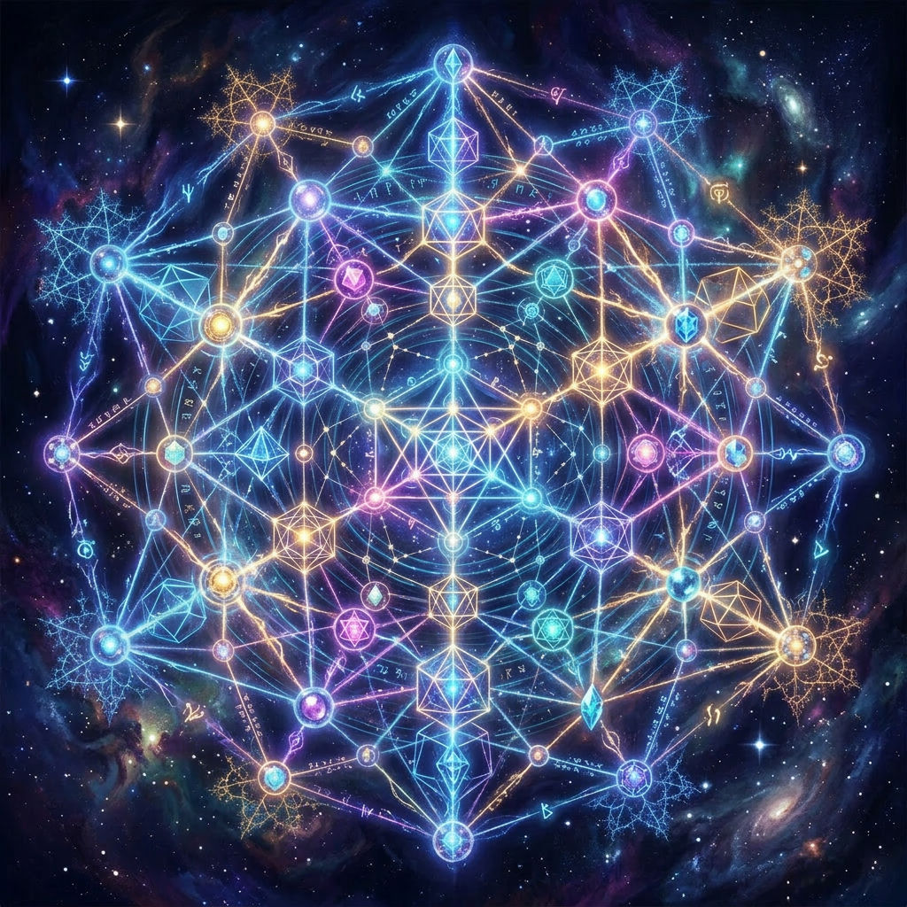 Complex network of multicolored glowing geometric shapes and interconnected nodes in space