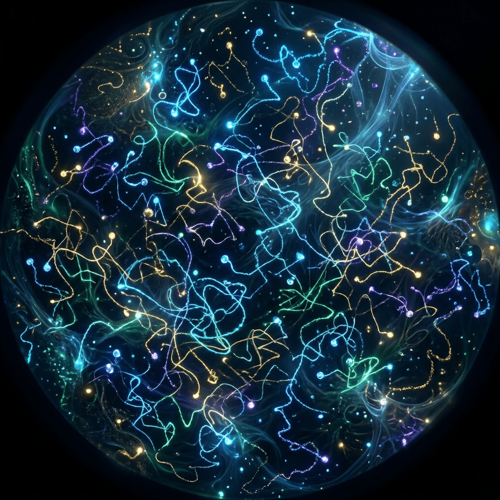 Multicolored neon light trails forming abstract swirling patterns inside a circular boundary