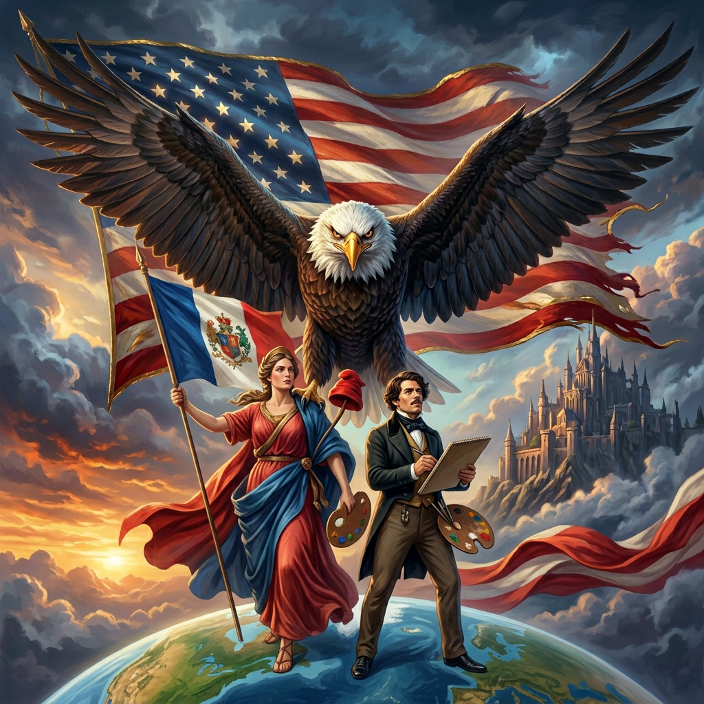 Bald eagle perched on globe with United States flag in background