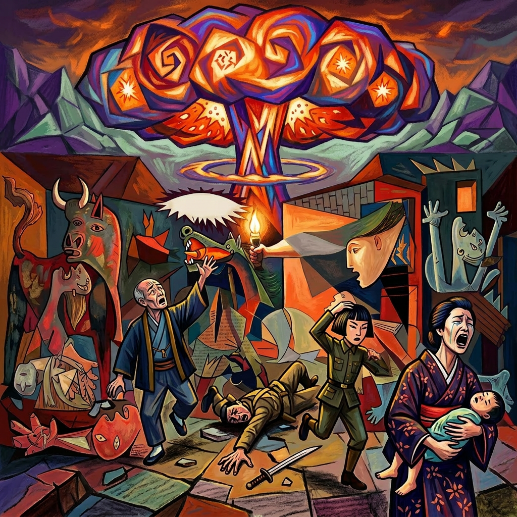 Black and white surreal art showing anguished figures, broken bodies, a bull, and a nuclear explosion in the background