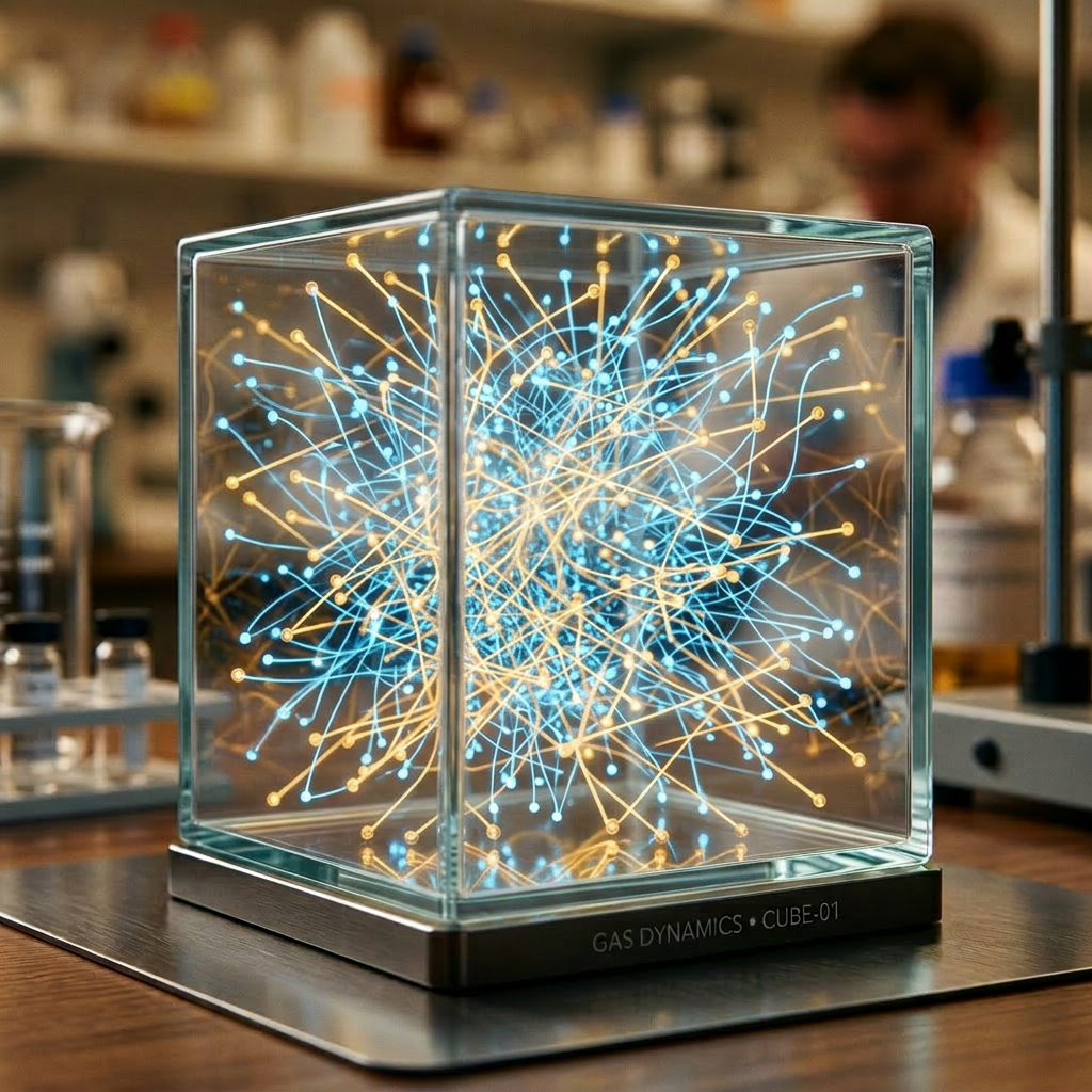 Transparent cube showing glowing interconnected lines representing gas molecule dynamics