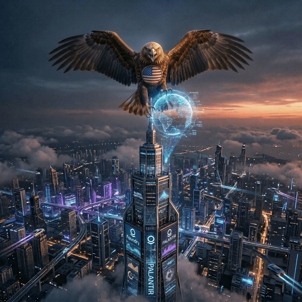 Large eagle holding a digital hologram globe above a skyscraper in a futuristic cityscape at dusk.