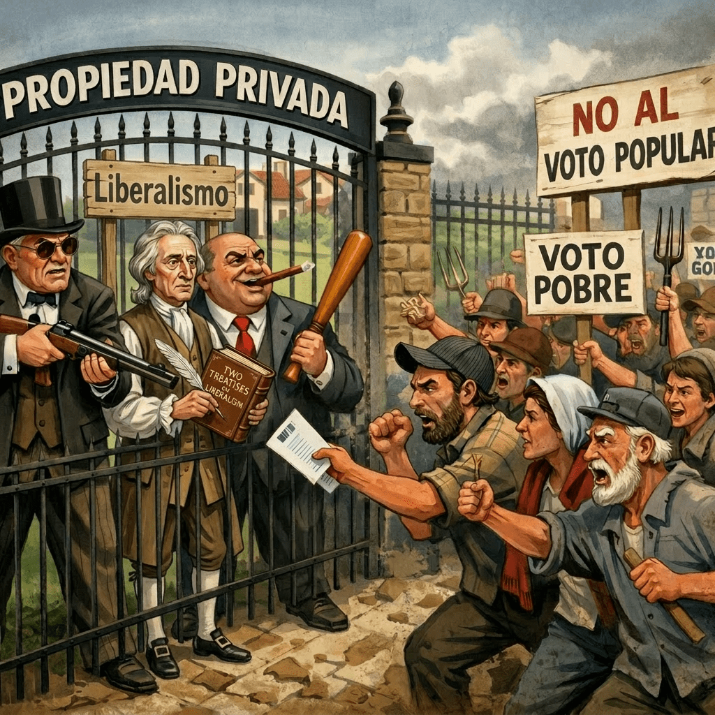Two groups separated by a gate labeled 'PROPIEDAD PRIVADA'; wealthy people with weapons and money oppose protesting crowd holding signs against popular vote