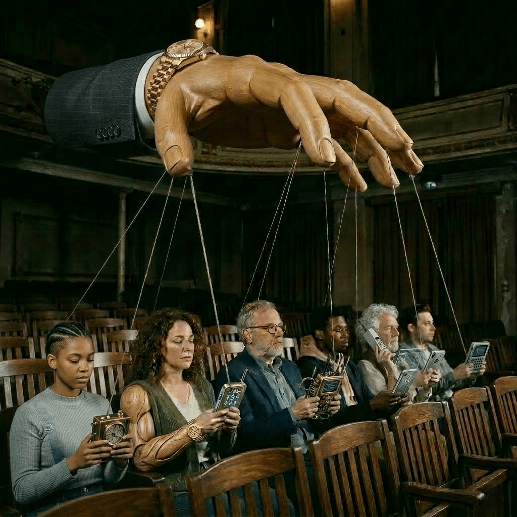 Add more seated figures with strings from hand