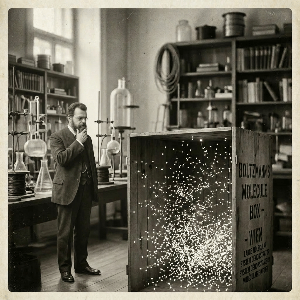 Boltzmann stroking beard pensively while looking