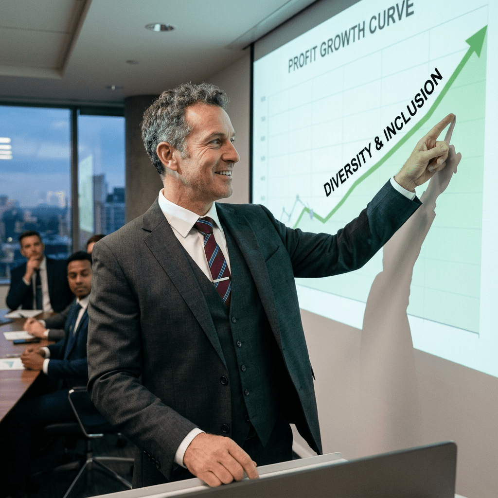 Businessman pointing to a profit growth curve on a presentation screen labeled Diversity & Inclusion