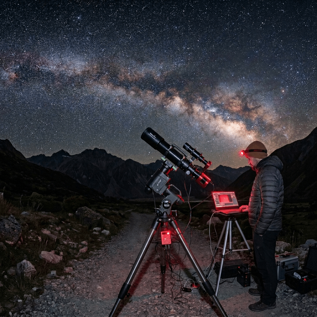 Astrophotographer operating a telescope beneath the Milky Way