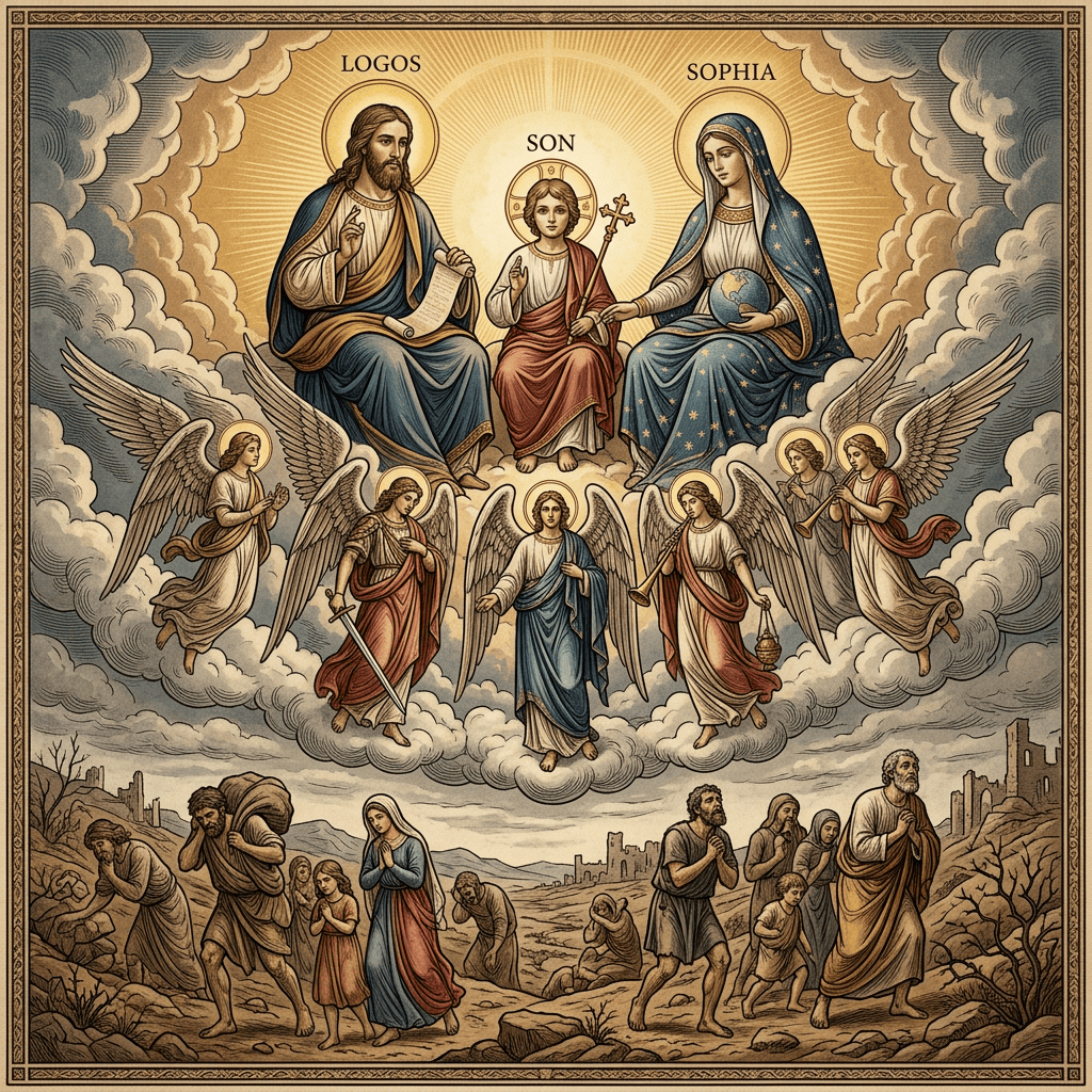 Religious allegory labeled “LOGOS,” “SOPHIA,” and “SON,” with angels and worshippers