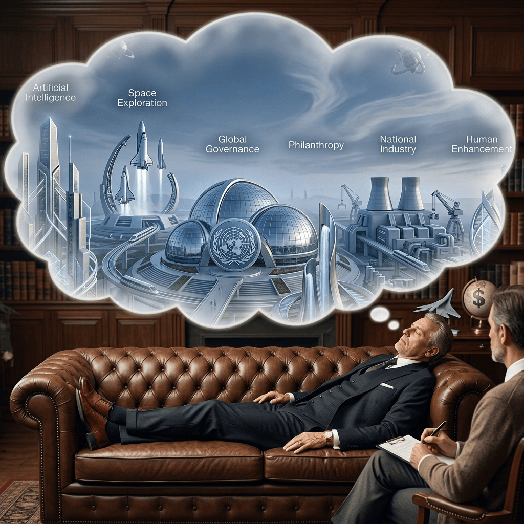Futuristic city labeled artificial intelligence, space exploration, global governance, philanthropy, national industry, and human enhancement