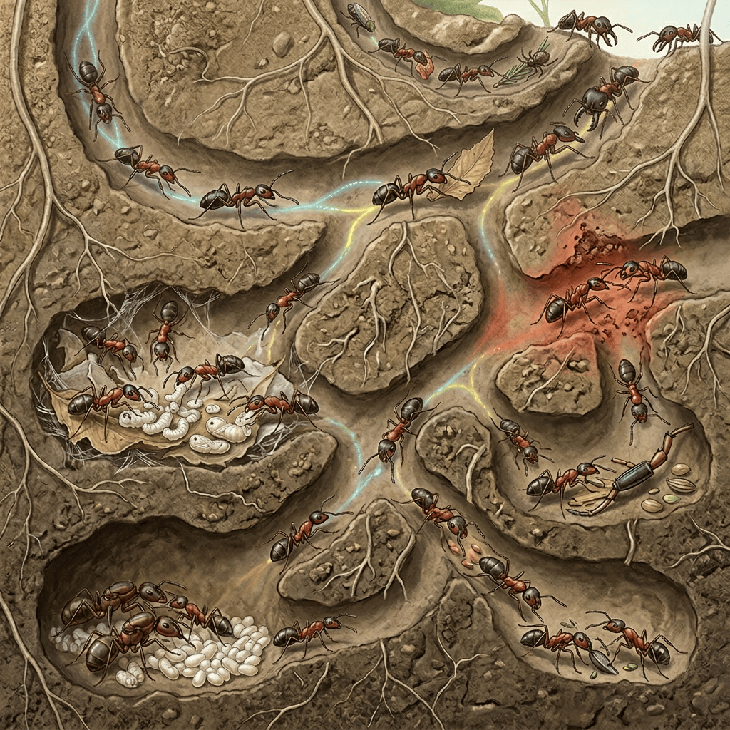 Illustration of ants working through tunnels around brood and food