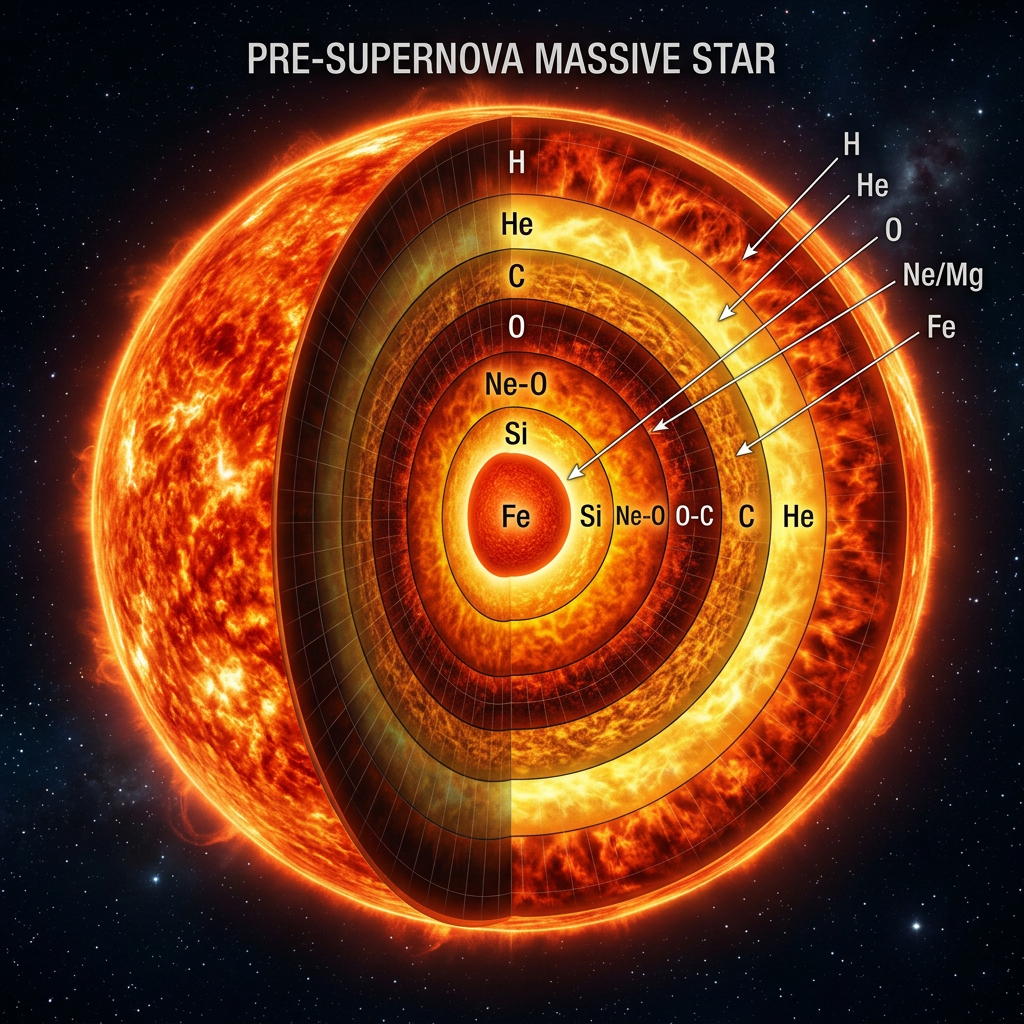 Pre-supernova massive star showing layered shells of H, He, C, O, Si, and Fe