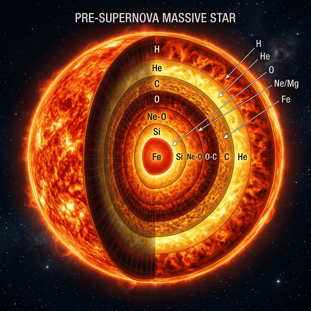 Pre-supernova massive star showing layered shells of H, He, C, O, Si, and Fe